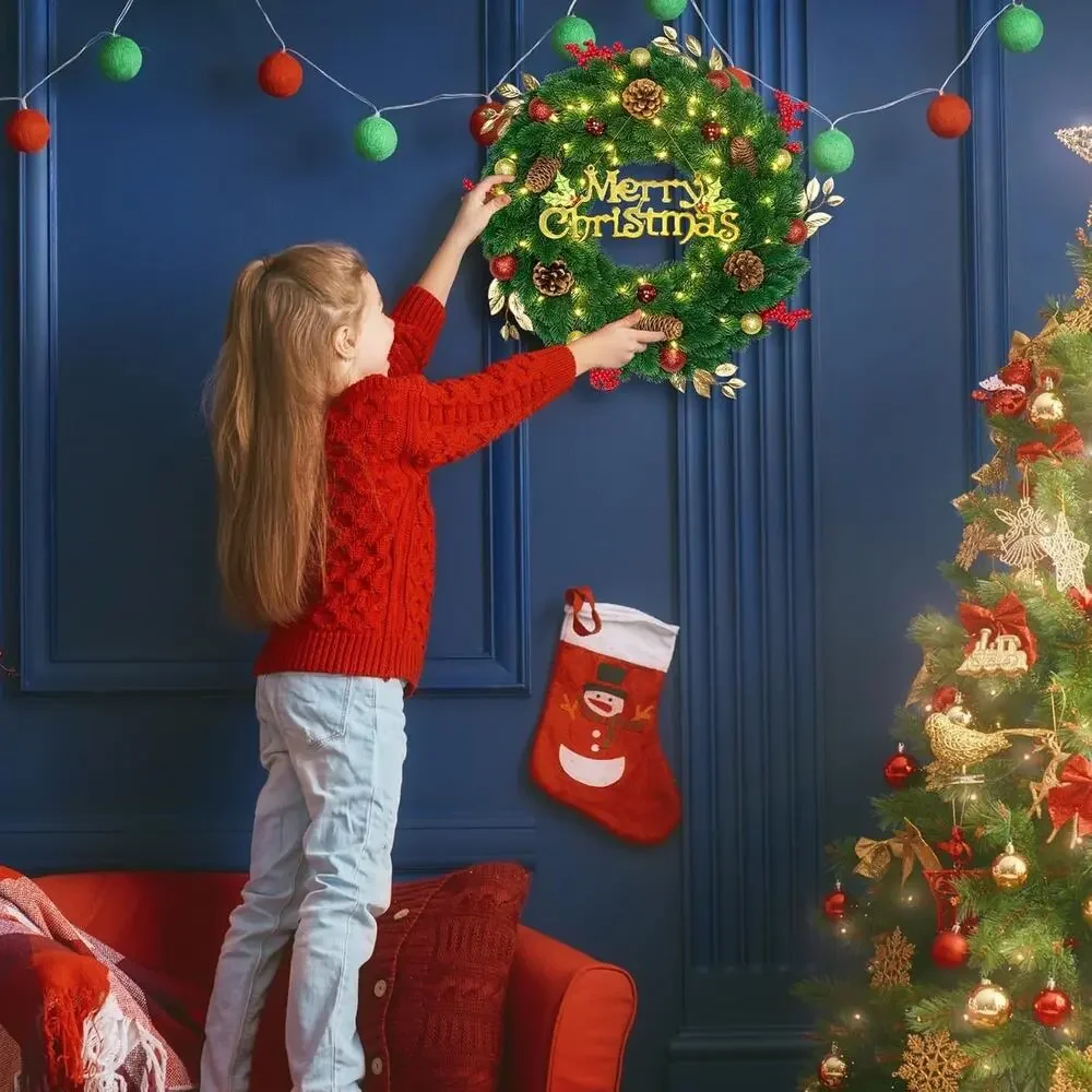 24 Inch Pre-Lit Artificial Christmas Wreath 45 LED‎ Lights Battery Remote Timer